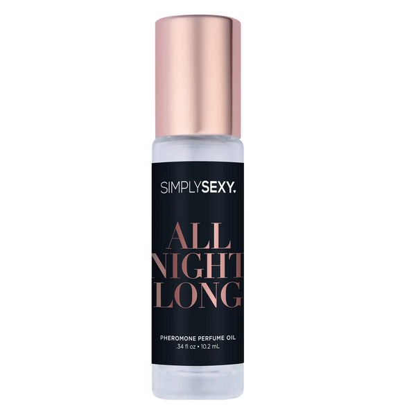 Simply Sexy All Night Long pheromone perfume oil roll-on with rose gold cap, clear glass bottle