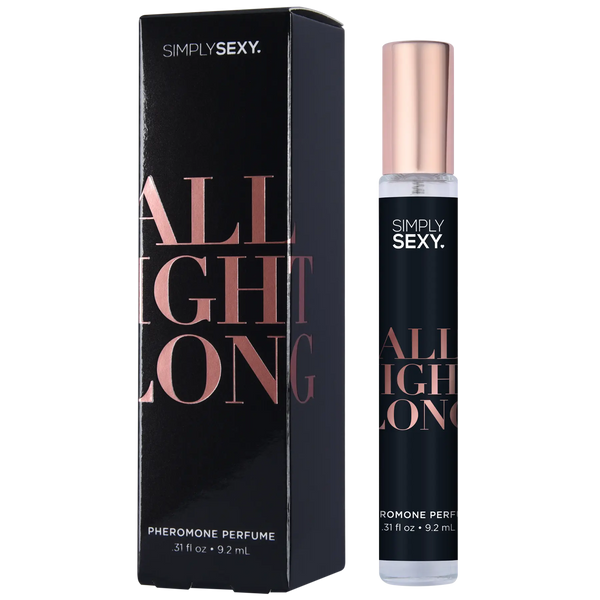 Simply Sexy All Night Long pheromone perfume spray beside its sleek black and rose gold box
