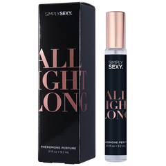 Simply Sexy All Night Long pheromone perfume spray beside its sleek black and rose gold box