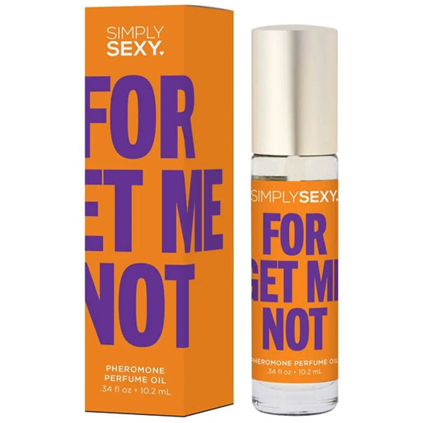 Simply Sexy Forget Me Not Pheromone Perfume Oil roll-on bottle beside orange gift box