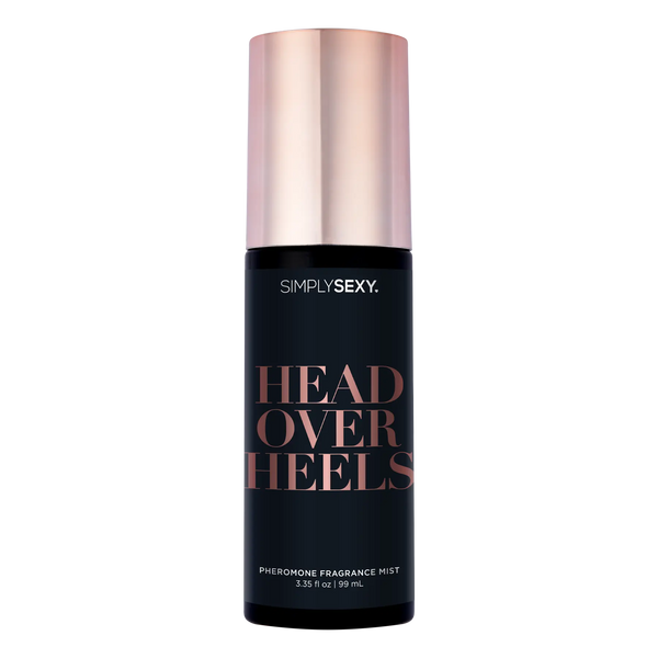 Simply Sexy Head Over Heels pheromone fragrance mist in a sleek black bottle with rose-gold cap