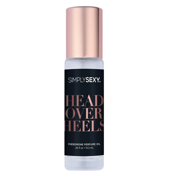 Simply Sexy Head Over Heels pheromone perfume oil roll-on in clear glass bottle with rose-gold cap