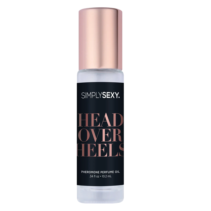 Simply Sexy Head Over Heels pheromone perfume oil roll-on in clear glass bottle with rose-gold cap