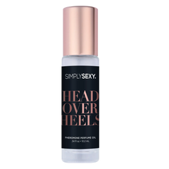 Simply Sexy Head Over Heels pheromone perfume oil roll-on in clear glass bottle with rose-gold cap