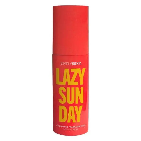Simply Sexy Lazy Sunday pheromone fragrance mist in bold red cylindrical bottle with yellow text