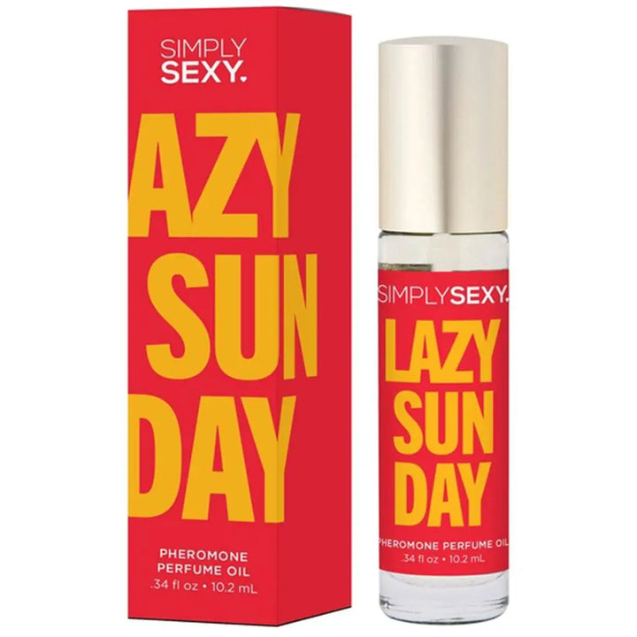 Simply Sexy Lazy Sunday Pheromone Perfume Oil roll-on bottle beside its red and yellow box