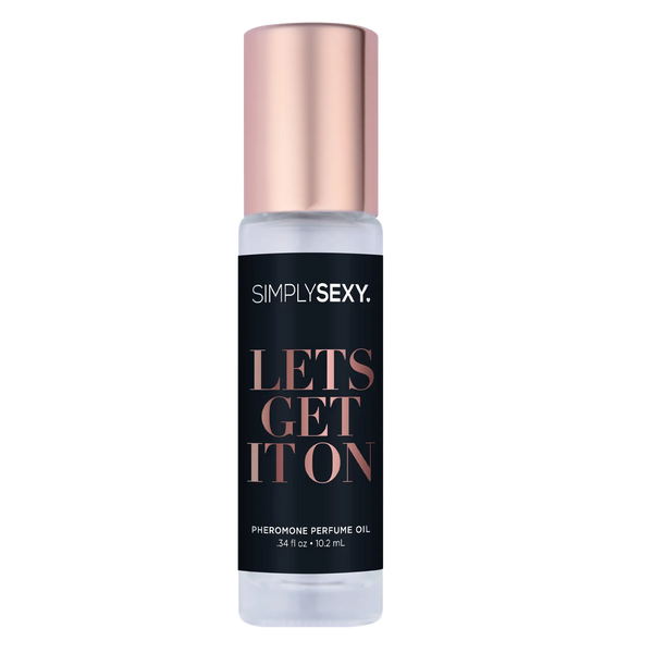 Simply Sexy Let's Get It On pheromone perfume oil in a clear glass roll-on bottle with rose gold cap