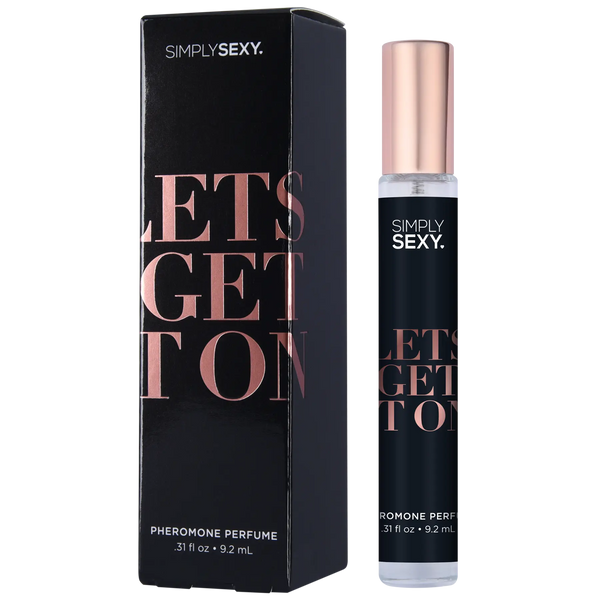 Simply Sexy Let's Get It On pheromone perfume spray beside its matte black box with rose-gold text