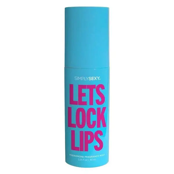 Simply Sexy Let's Lock Lips pheromone fragrance mist in a turquoise blue cylindrical bottle