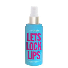Close-up of Simply Sexy Let's Lock Lips spray mist with silver pump nozzle on teal bottle