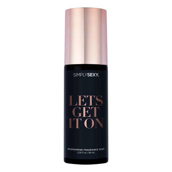 Simply Sexy Lets Get It On Pheromone Fragrance Mist in sleek black bottle with rose gold cap
