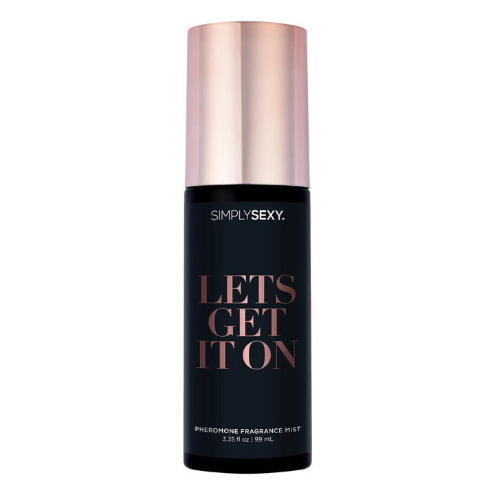 Simply Sexy Lets Get It On Pheromone Fragrance Mist in sleek black bottle with rose gold cap
