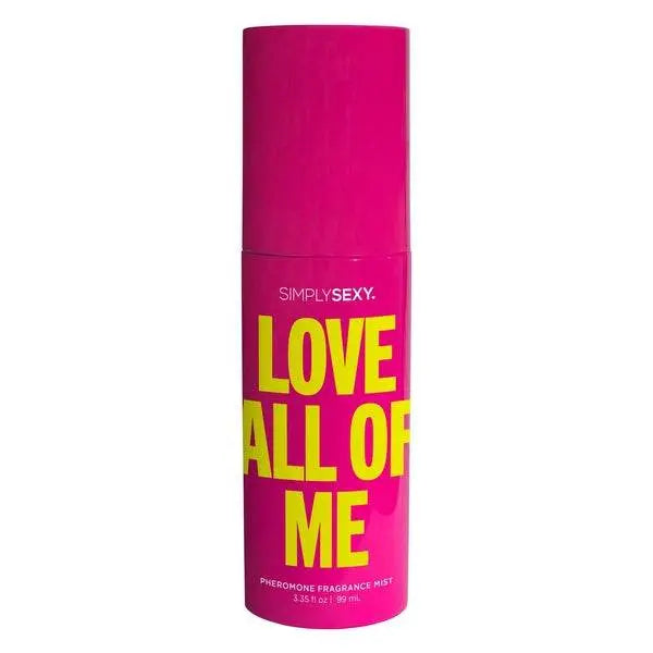 Simply Sexy Love All of Me Pheromone Fragrance Mist in bold pink cylindrical bottle with yellow text