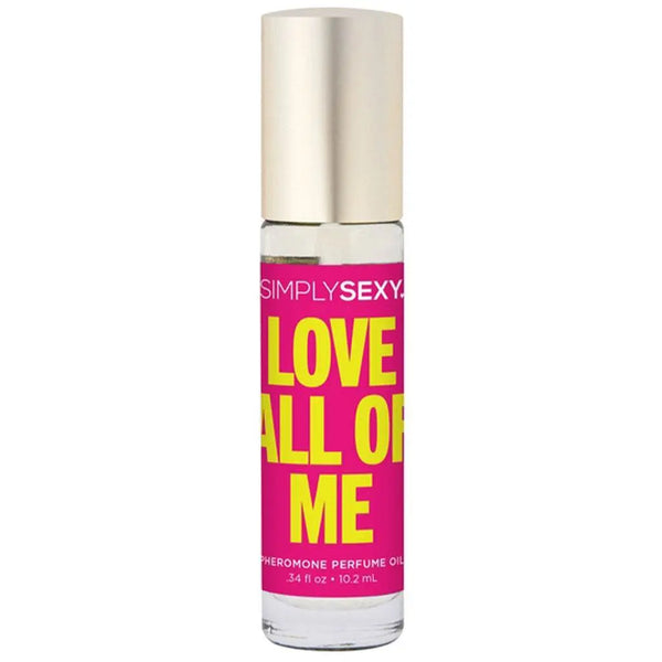 Simply Sexy Love All Of Me pheromone perfume oil 10.2ml clear bottle shown with gold cap secured
