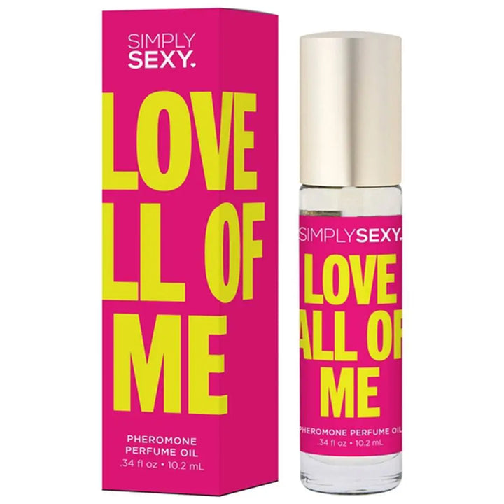 Simply Sexy Love All Of Me pheromone perfume oil roll-on bottle with pink and gold packaging box