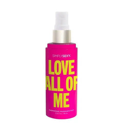Simply Sexy Love All of Me spray mist with silver pump nozzle visible, 3.35 fl oz pink bottle