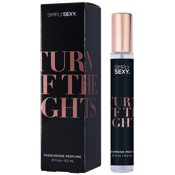 Simply Sexy Turn Off The Lights pheromone perfume spray beside its black and rose gold box