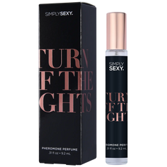 Simply Sexy Turn Off The Lights pheromone perfume spray beside its black and rose gold box