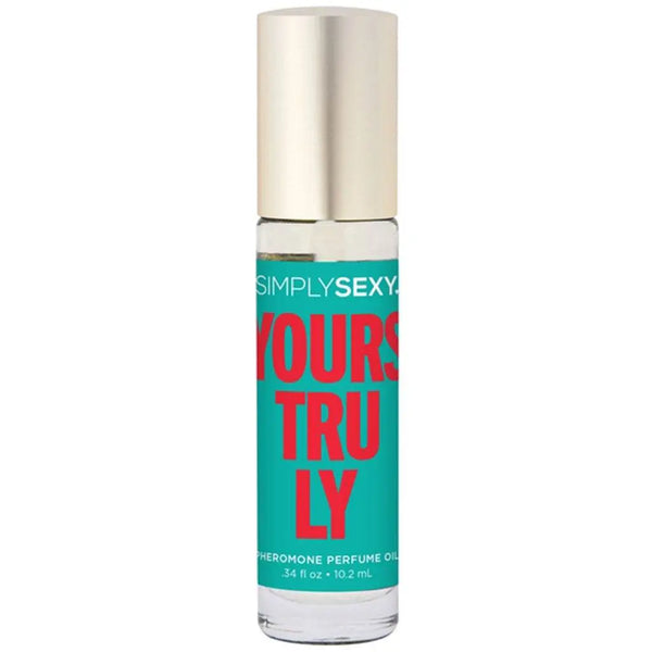 Simply Sexy Yours Truly Perfume Oil roll-on bottle with gold cap, teal label detail