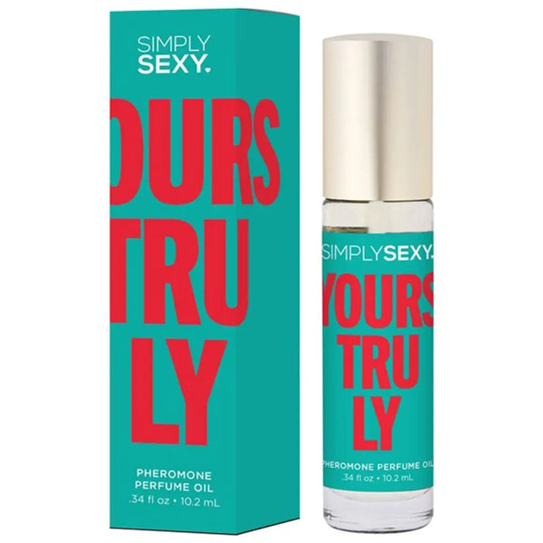 Simply Sexy Yours Truly Pheromone Perfume Oil roller bottle beside teal gift box