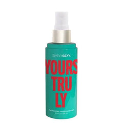 Close-up of Simply Sexy Yours Truly spray mist bottle with silver pump nozzle detail