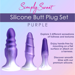 Simply Sweet silicone butt plug set purple with key features listed beside products