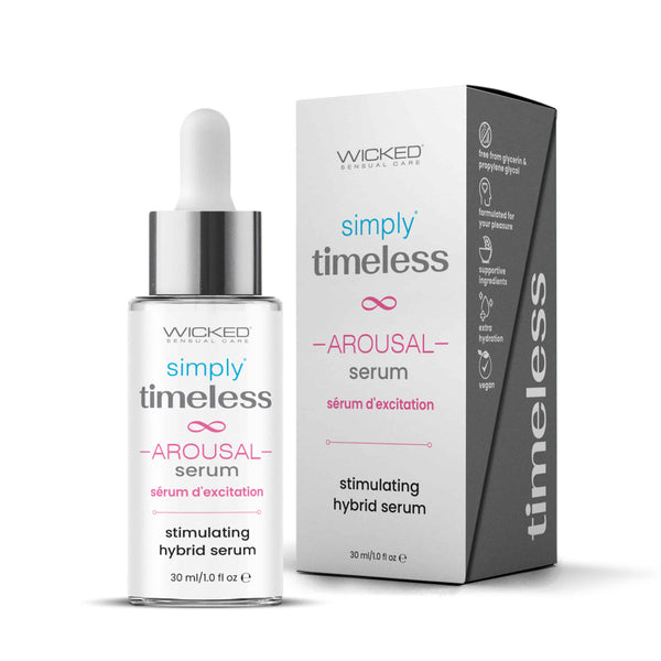 Simply Timeless Arousal Serum dropper bottle displayed beside its white and grey retail box