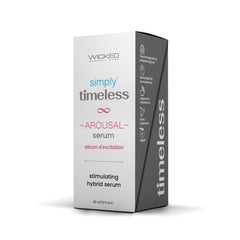 Simply Timeless Arousal Serum retail box showing vegan and glycerin-free feature icons