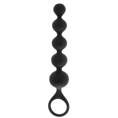 Single black silicone spherical anal bead strand with finger-loop base, soft matte finish