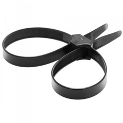 Close-up of single black zip tie cuff formed into double-loop restraint shape, strong plastic
