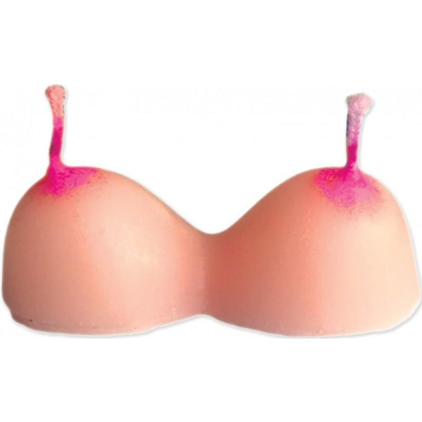 Single boobie party candle close-up showing dual-wick peach wax shape with pink-tipped wicks
