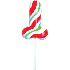 Single Hott Products holiday cock pop lollipop in festive red, white, and green peppermint swirl