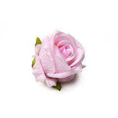 Close-up of a single pink paper rose flower with green leaves from the gift set