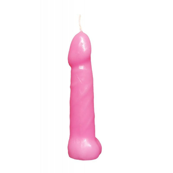 Single pink phallic-shaped party candle with white wick, shown unpackaged for detail