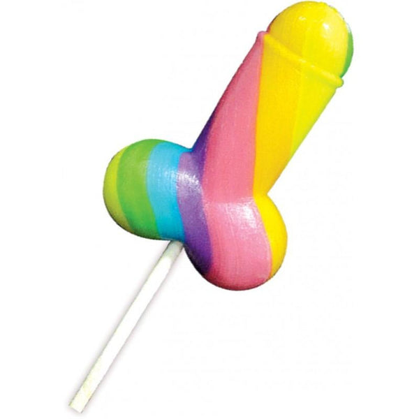 Single Rainbow Cock Pop lollipop showing pastel rainbow swirl colors on a white candy stick