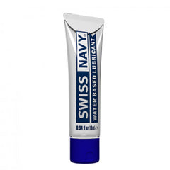 Single Swiss Navy water-based lubricant 10ml travel tube with blue cap, silver packaging