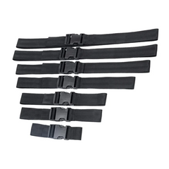 Six black nylon restraint straps with quick-release buckles laid flat, included in the set