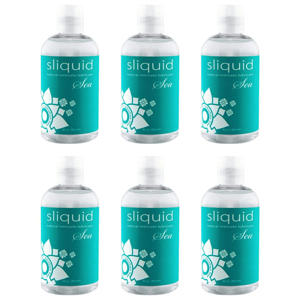 Six bottles of Sliquid Sea carrageenan lubricant, 4.2oz clear teal-labeled flip-top design