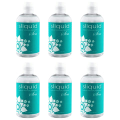 Six bottles of Sliquid Sea carrageenan lubricant, 4.2oz clear teal-labeled flip-top design