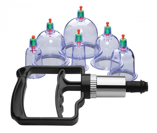 Six clear suction cups with red valves and black pistol-grip pump from the Sukshen 2.0 set