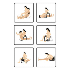 Six illustrated position guides for the Bangin Bench showing solo and partner use variations