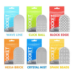Six Pocket Tenga sleeve variants displayed with packaging: Wave Line, Click Ball, Block Edge, Hexa-Brick, Crystal Mist, Spark
