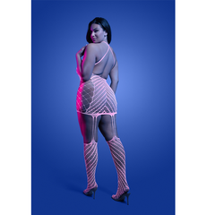Plus-size back view of Metamorphic open-back fishnet bodystocking dress with thigh-high stockings
