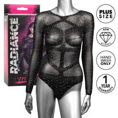Plus size black mesh bodysuit with gem accents beside box showing hand wash and warranty icons