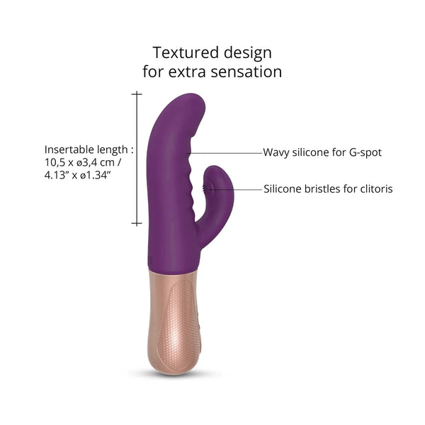 Size chart for Sassy Bunny showing wavy G-spot shaft and clitoral bristle arm
