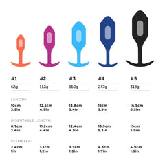 Size comparison chart of all five b-Vibe Snug Plug sizes from 62g to 318g in assorted colors