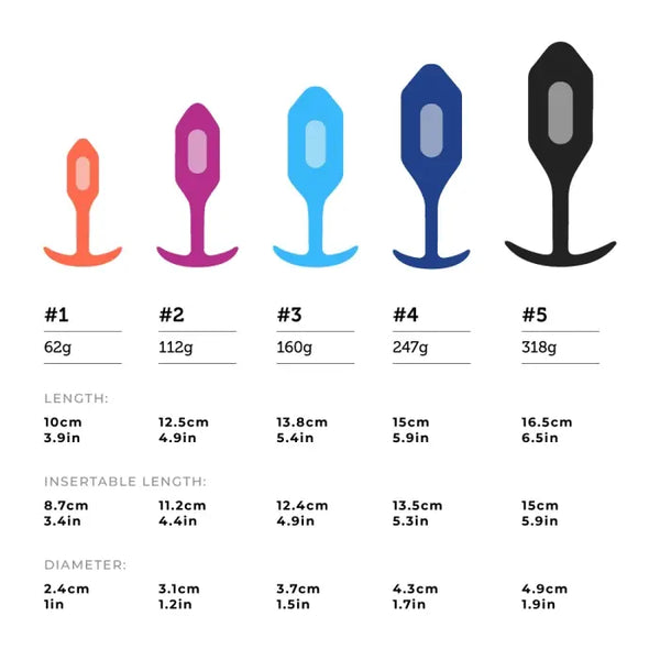 Size comparison chart of all five Snug Plug sizes from 62g small to 318g extra-large