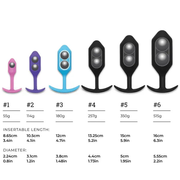 Size comparison chart of all six b-Vibe Snug Plug weights from 55g to 515g