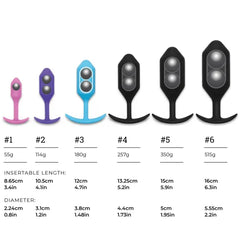 Size comparison chart of all six b-Vibe Snug Plugs from 55g to 515g by weight