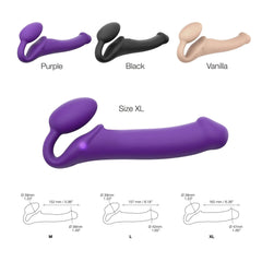 Size comparison chart for M, L, XL and colour options: purple, black, and vanilla